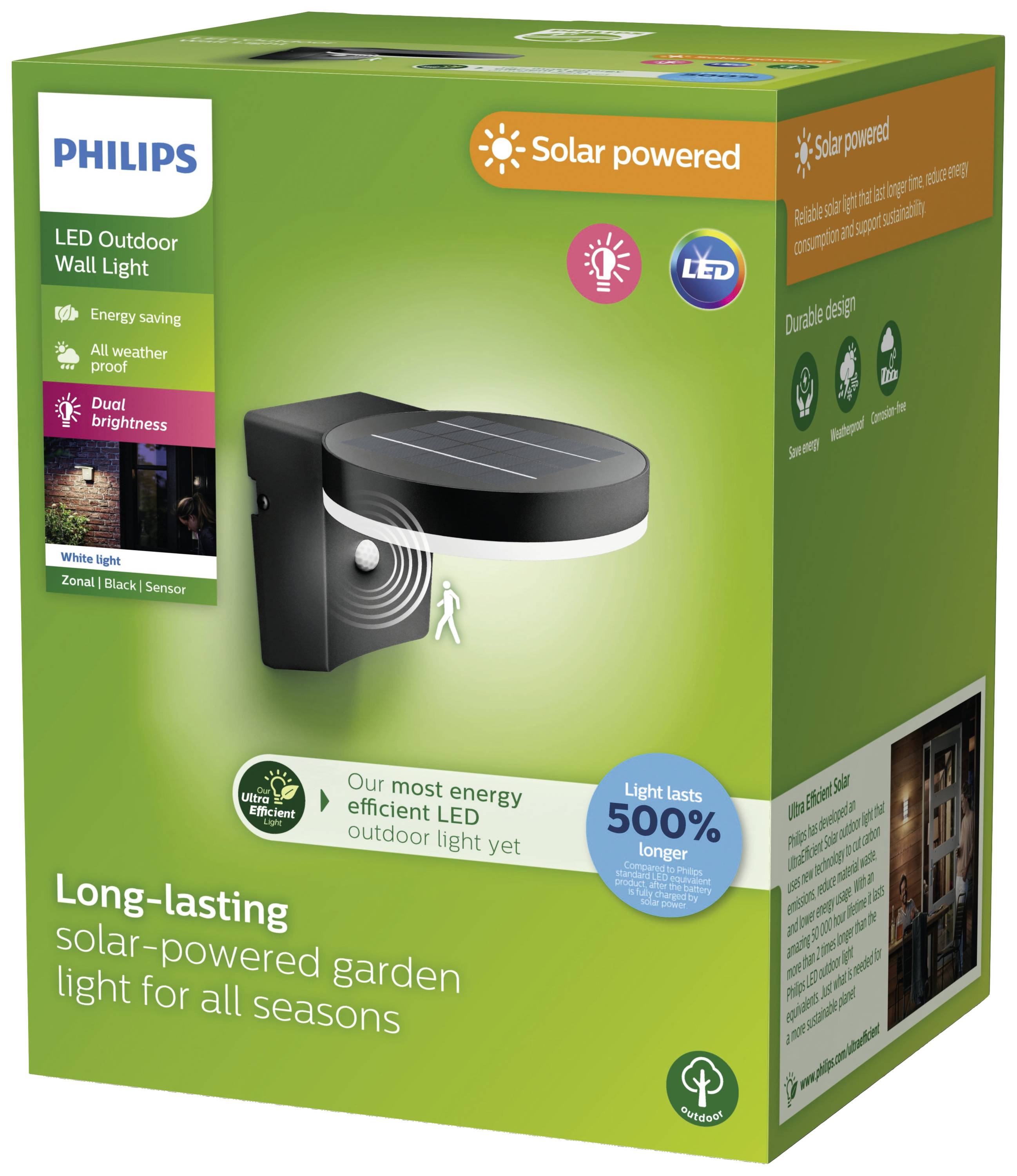 Philips LED venkovní nástěnné svítidlo, solární, úsporné, odolné vůči počasí, dlouhodobě spolehlivé a s dvojnásobnou intenzitou světla pro osvětlení zahrady.