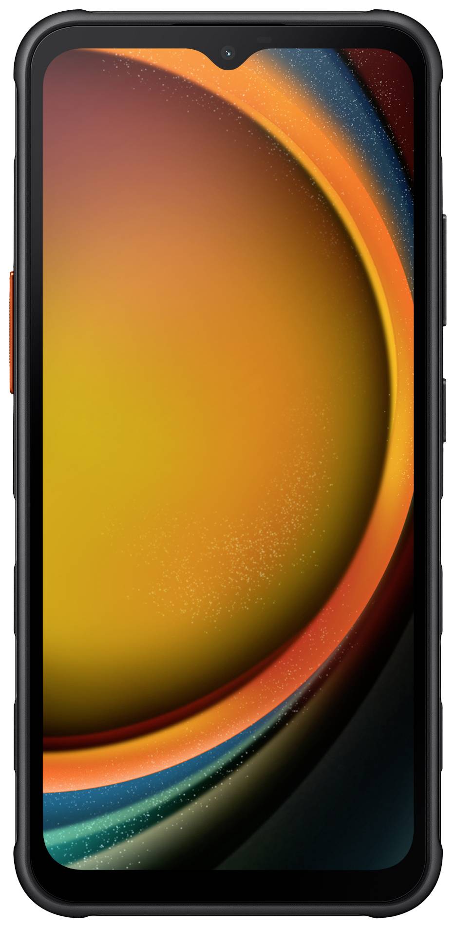 Smartphone s robustním černým pouzdrem, oranžovými detaily po stranách. Obrazovka zobrazuje barevný, abstraktní motiv.