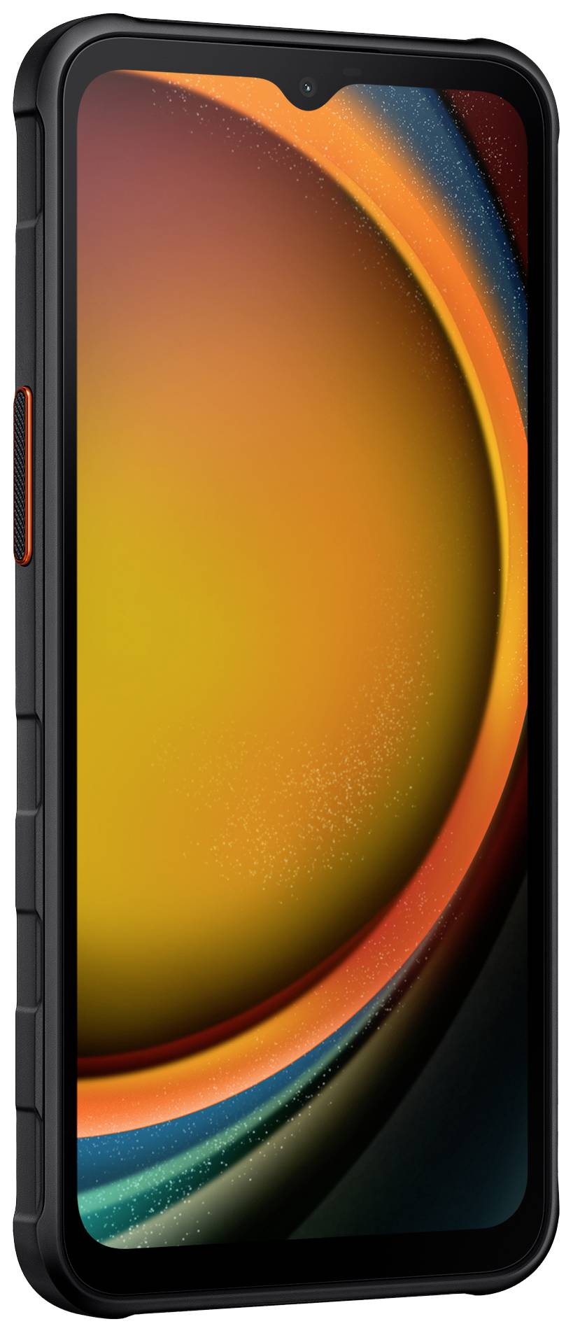 Smartphone s oranžovým a modrým pozadím displeje, černým tělem a červeným tlačítkem na boku.
