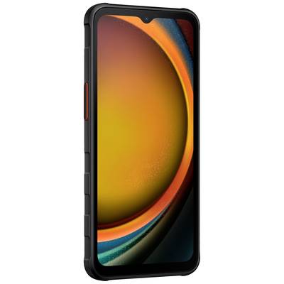 Smartphone s oranžovým a modrým pozadím displeje, černým tělem a červeným tlačítkem na boku.