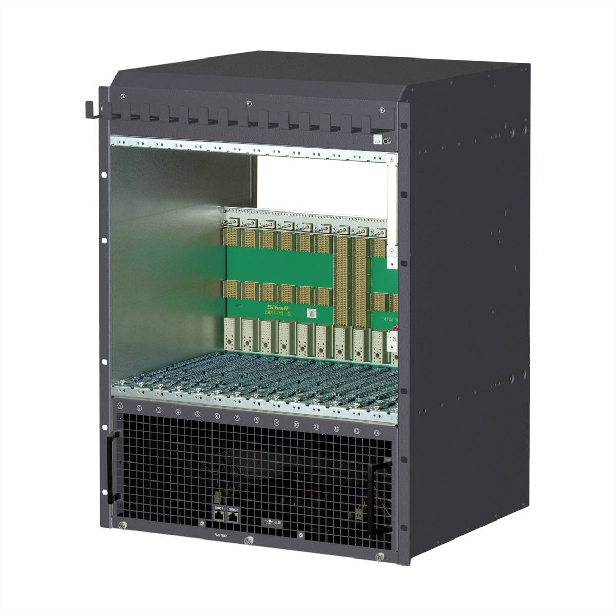 Otevřená elektronická rack skříň odhaluje zelené desky plošných spojů s několika konektory; technické hardwarové rozvržení je zřetelné.