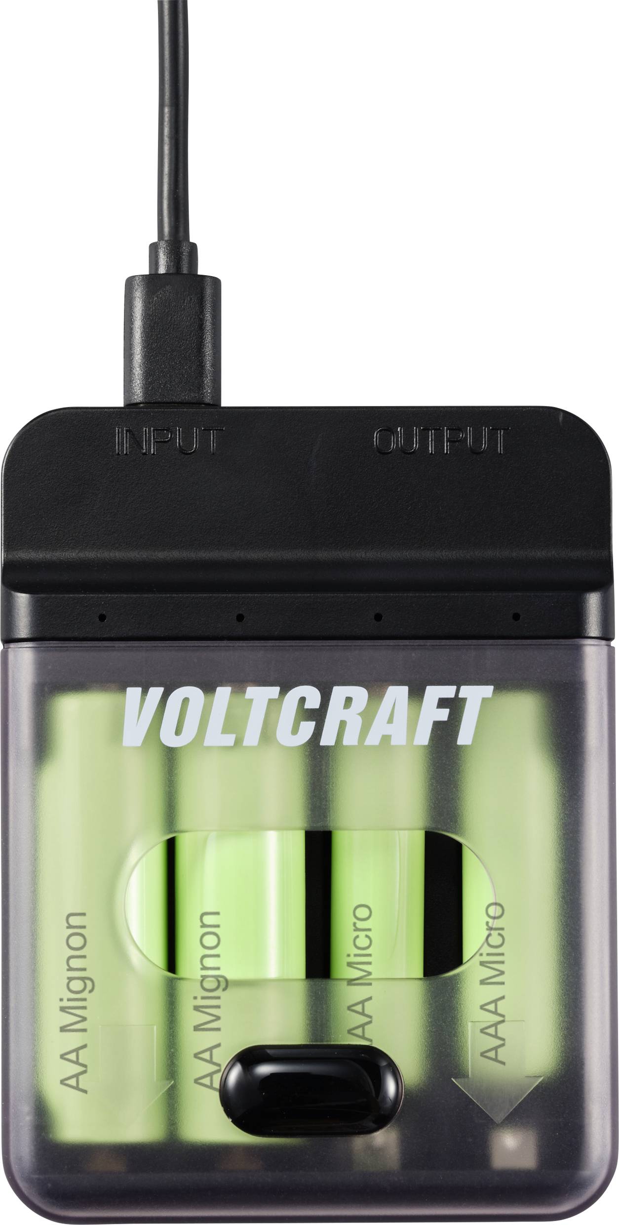Nabíječka baterií značky Voltcraft nabíjí dva akumulátory velikosti AA a dva akumulátory velikosti AAA. Připojovací kabel je připojen nahoře na přístroji.