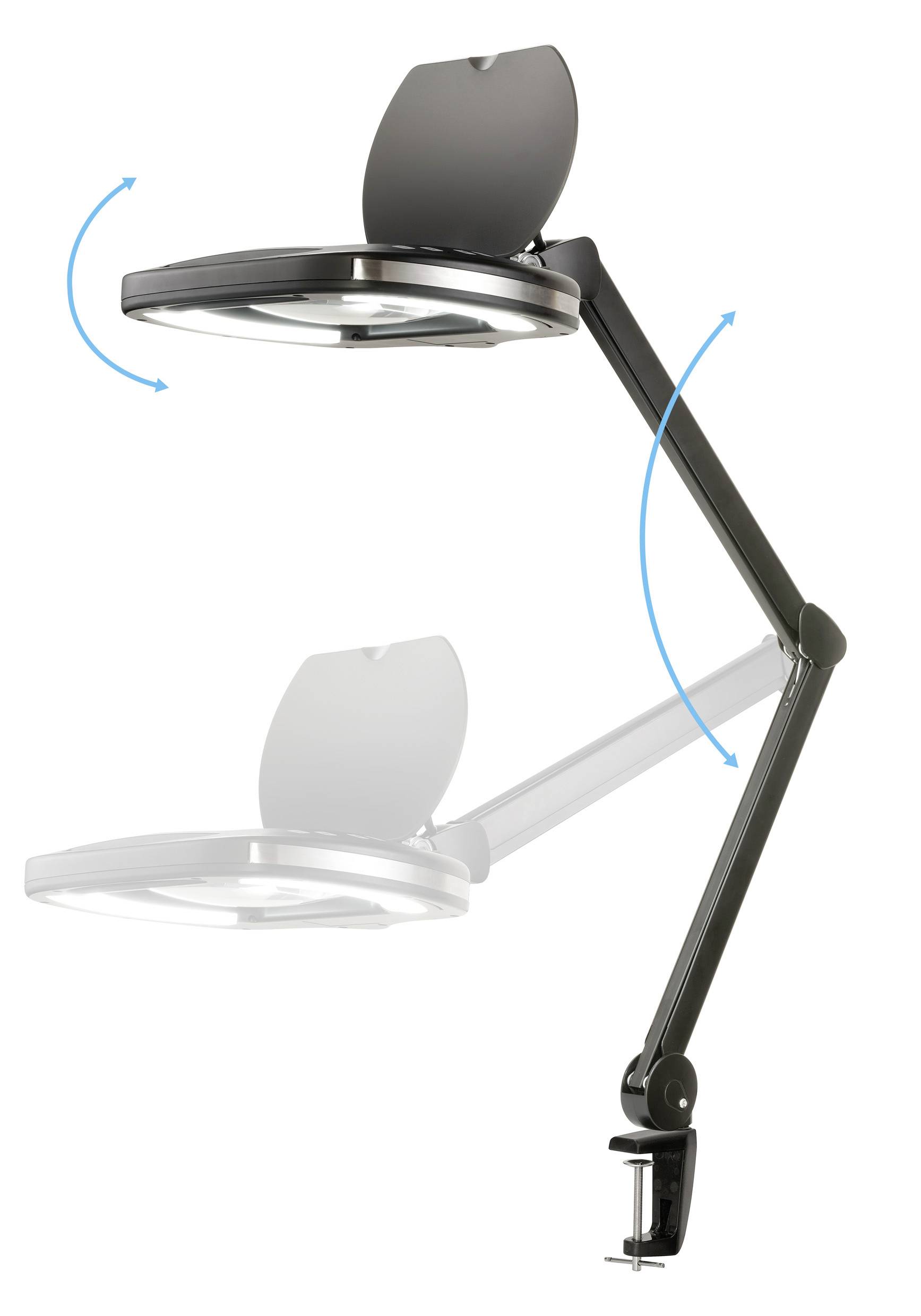 Lampa s nastavitelným ramenem a otočnou hlavou, která ukazuje směr pohybu pomocí šipek, určená k flexibilnímu upevnění na stůl svorkou.