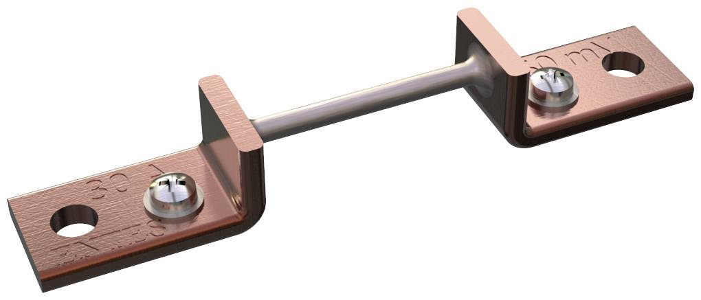 Kovový proudový měřicí bočník se dvěma upevňovacími otvory a připojovacím blokem. Slouží k přesnému měření elektrických proudů.