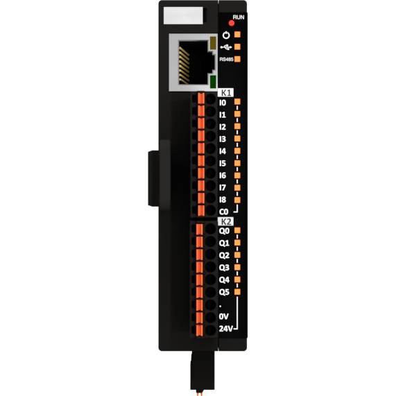 Černé průmyslové řídicí zařízení s LED indikátory na pravé straně. Má několik očíslovaných konektorů a ethernetovou zásuvku nahoře.
