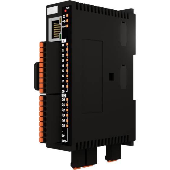 Černý průmyslový kontrolér s oranžovými připojovacími svorkami a ethernetovým portem, boční pohled. Ukazuje vstupní a výstupní kanály.