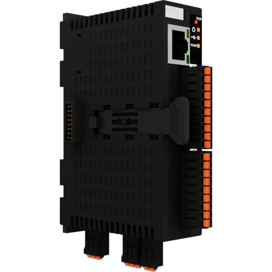 Černé elektronické zařízení obdélníkového tvaru s ethernetovými a napájecími konektory, umístěné vertikálně, zobrazuje oranžové sloty.