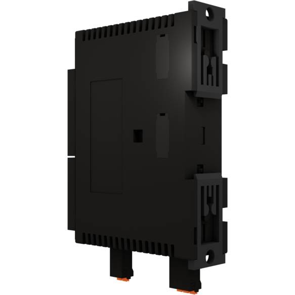 Černý plastový kryt elektronického zařízení s konektory po stranách, pravděpodobně určený pro montáž do rozvaděče.