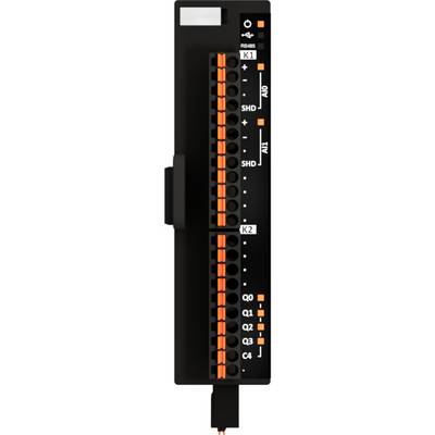 Elektronické zařízení s několika konektory a oranžovými kontakty, pravděpodobně modul pro řízení nebo síťování.