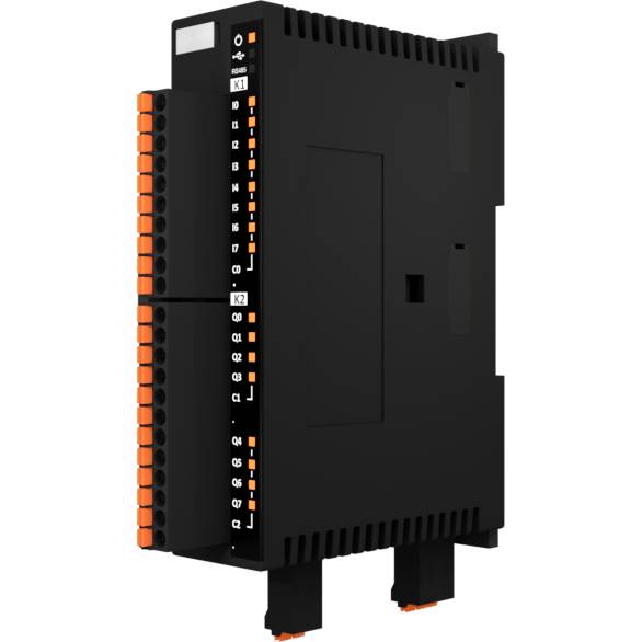Černá elektrická rozvodná skříň s oranžovými přípojkami a značkami K1 a K2 na straně.