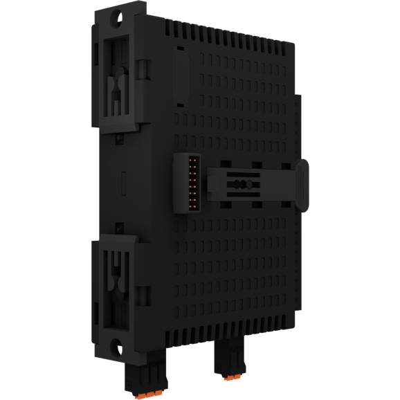 Černý, obdélníkový elektronický modul s několika připojovacími svorkami a pojistkovým páskem uprostřed.