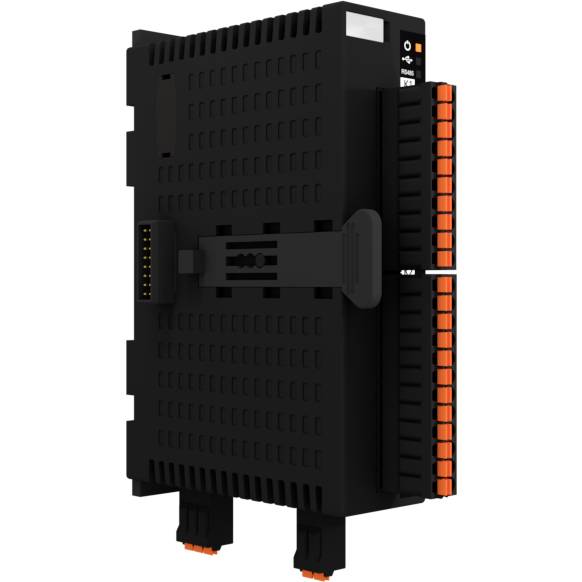 Černé elektronické zařízení s několika oranžovými konektory na straně, pravděpodobně průmyslový řídicí modul.