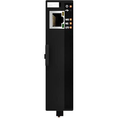Černý síťový adaptér s ethernetovým připojením a svítícími stavovými kontrolkami pro MS, NS a I/O.