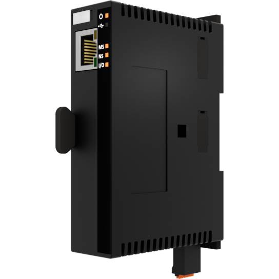 Černý elektrický modul s několika vstupy a světly, pravděpodobně navržený pro průmyslové aplikace.