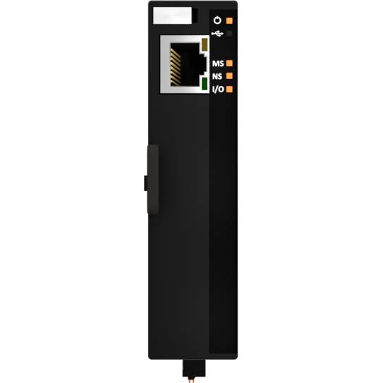 Černé elektrické zařízení s ethernetovým portem a třemi LED indikátory označenými 'MS', 'NS' a 'I/O'.