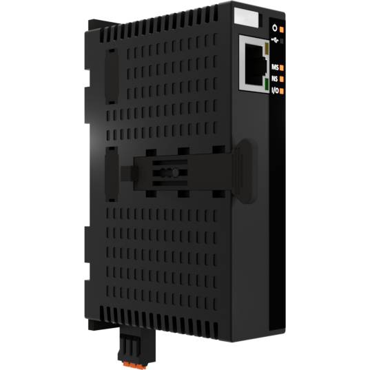 Průmyslová řídicí jednotka v černém pouzdře s ethernetovým a napájecím konektorem, vhodná pro montáž na DIN lištu.