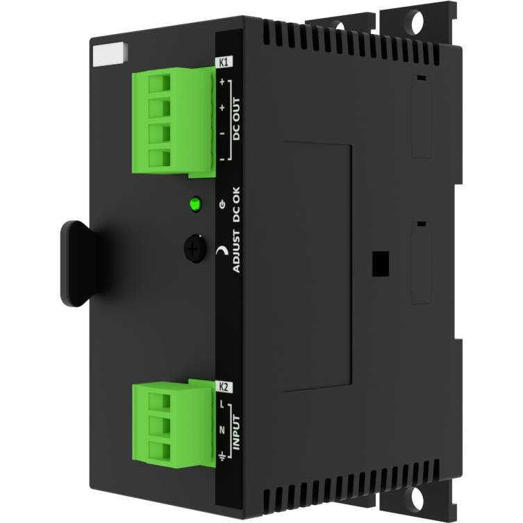 Černé elektrické zařízení se zelenými konektory, opatřené popiskami "DC Out" a "Input" a ovládacími tlačítky pro nastavení.