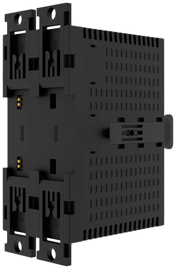 Černé elektronické zařízení s otvory a sloty, pravděpodobně modul pro průmyslové aplikace.