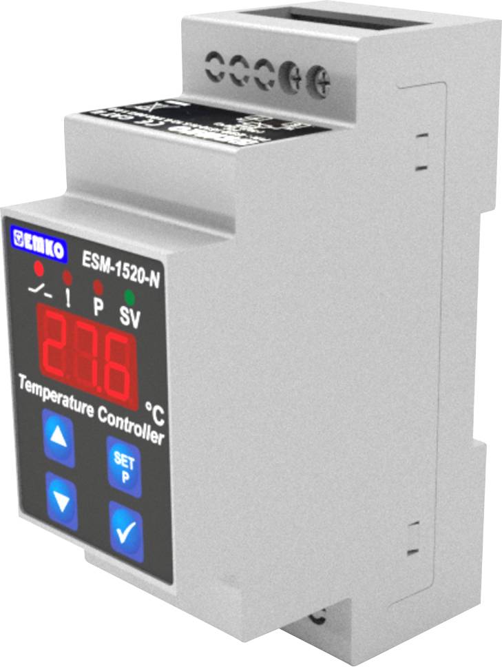 Teplotní regulátor s digitálním displejem zobrazuje '28,6 °C', s modrými ovládacími tlačítky pod ním. Číslo modelu: ESM-1520-N.