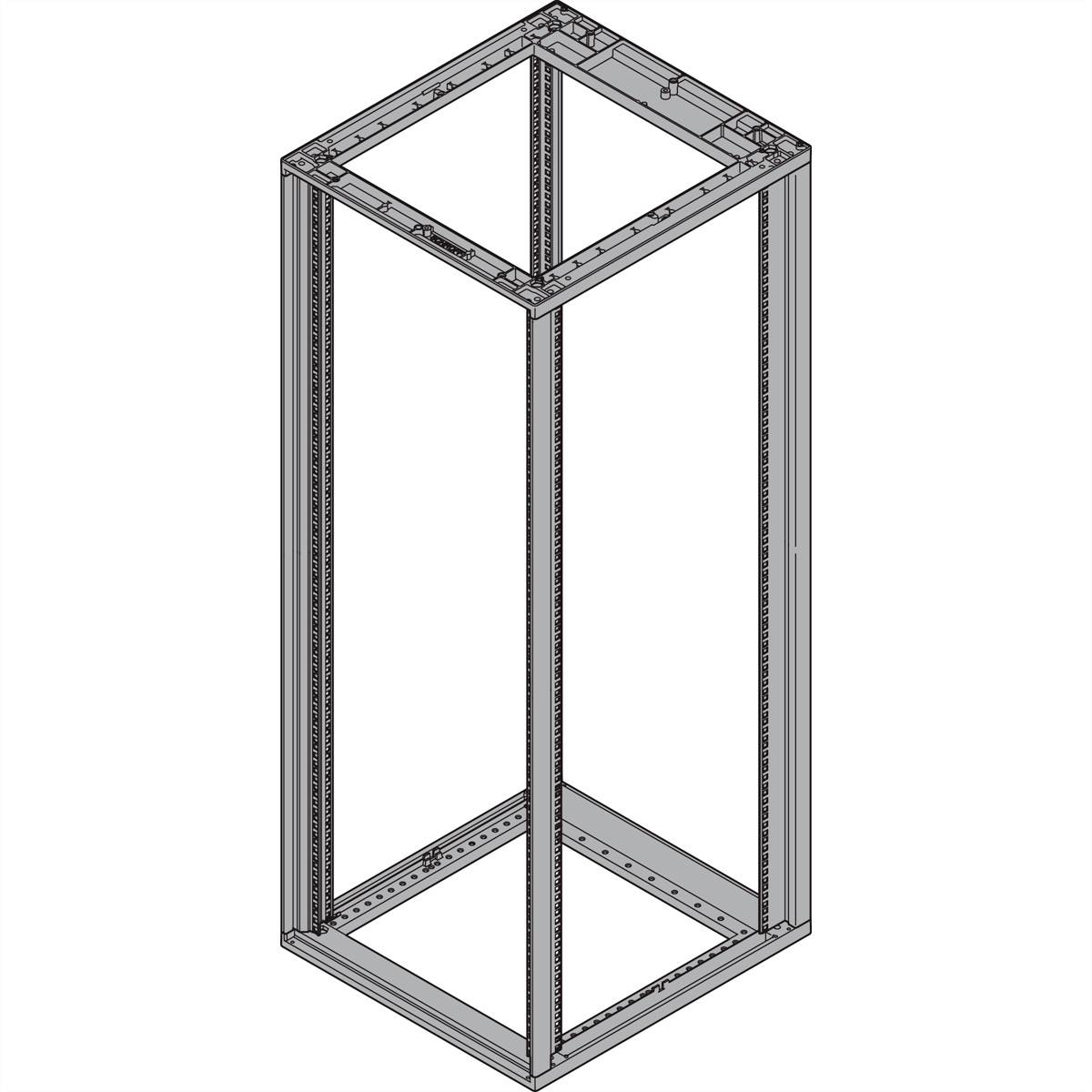 3D diagram obdélníkového kovového rámu, který vypadá jako otevřená skříň, s příčnými výztuhami nahoře a dole.