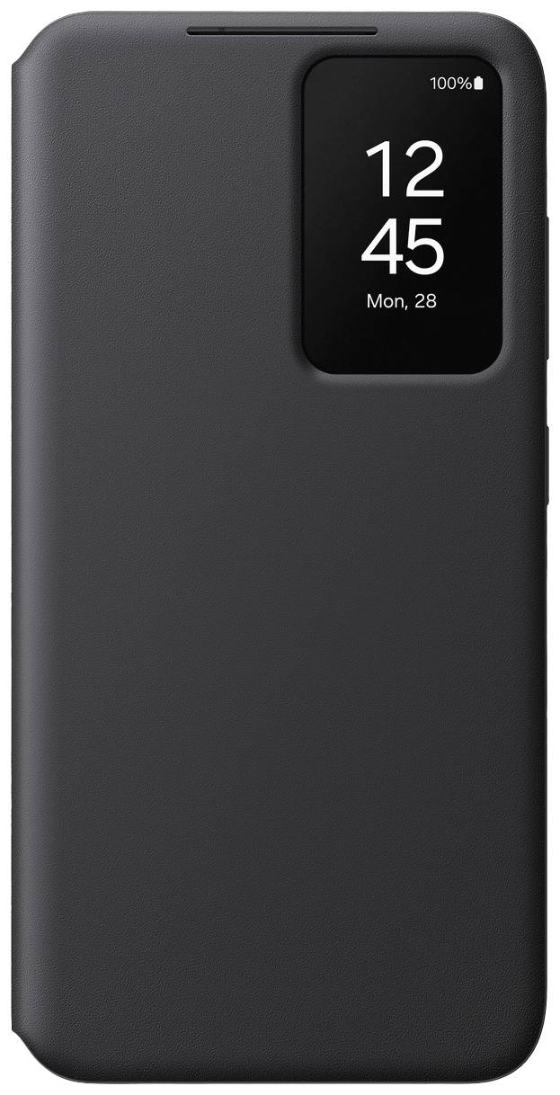 Černý flip obal na smartphone s průhledným okénkem zobrazuje čas '12:45' a datum 'Po, 28'.