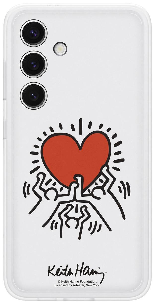 Průhledný mobilní kryt s uměleckým dílem zobrazujícím tančící postavy zvedající červené srdce, podepsané 'Keith Haring'.