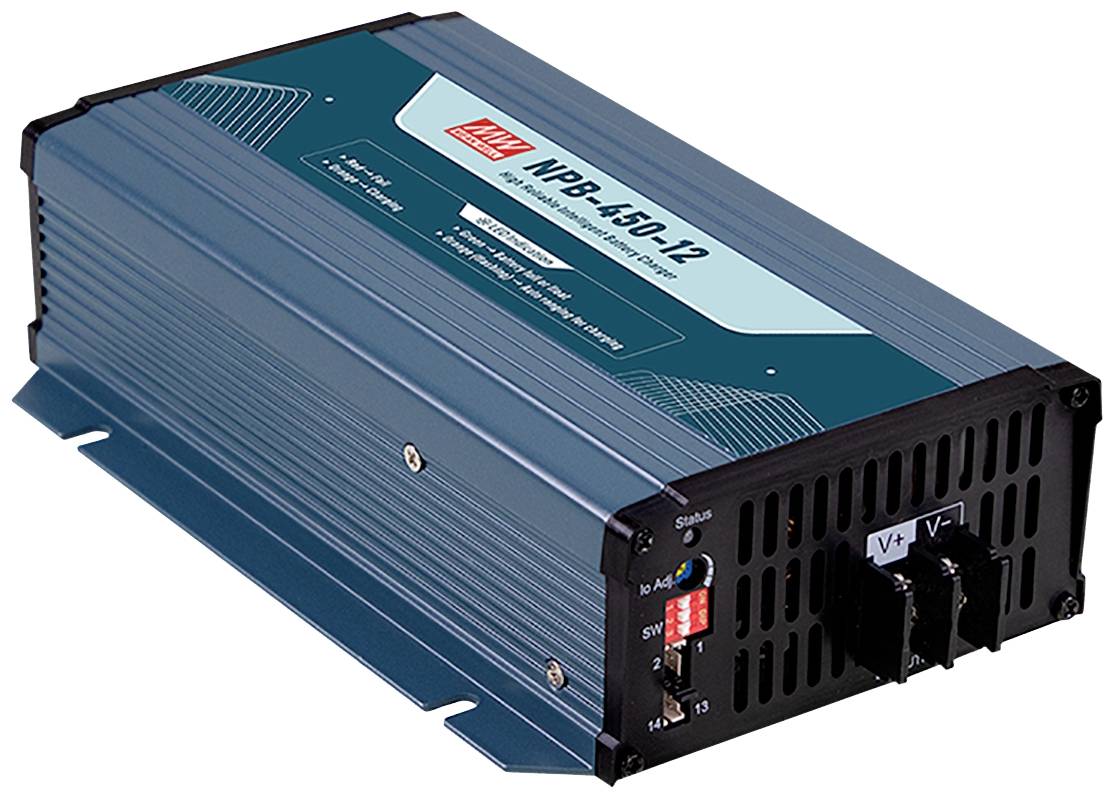 Modré elektronické zařízení s nápisem 'NPB-450-12', používané pro napájení nebo nabíjecí aplikace.