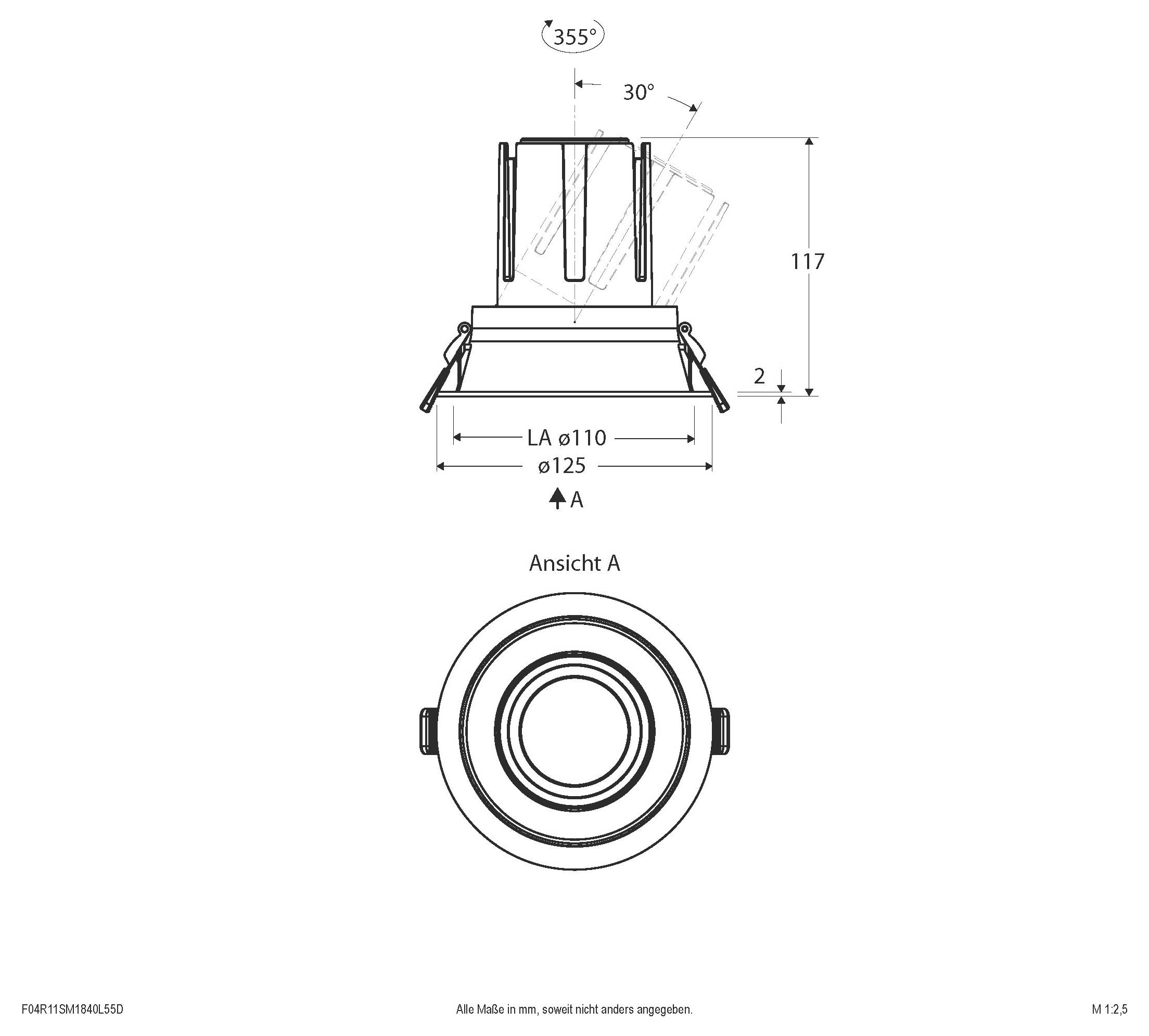 Technický výkres kulatého zápustného světelného zařízení se zobrazeními zboku a shora s rozměry: výška 117 mm, Ø125 mm a úhly nastavení 355°/30°.