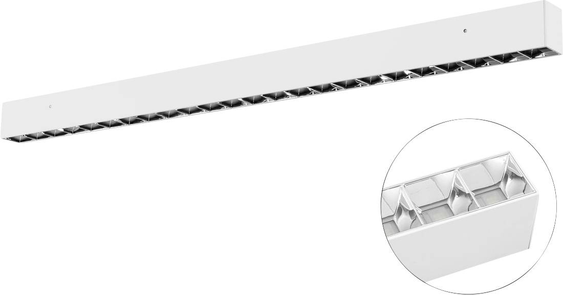 Bílá lineární stropní svítidla s více vestavenými LED moduly; detail zobrazuje jednotlivé světelné buňky.