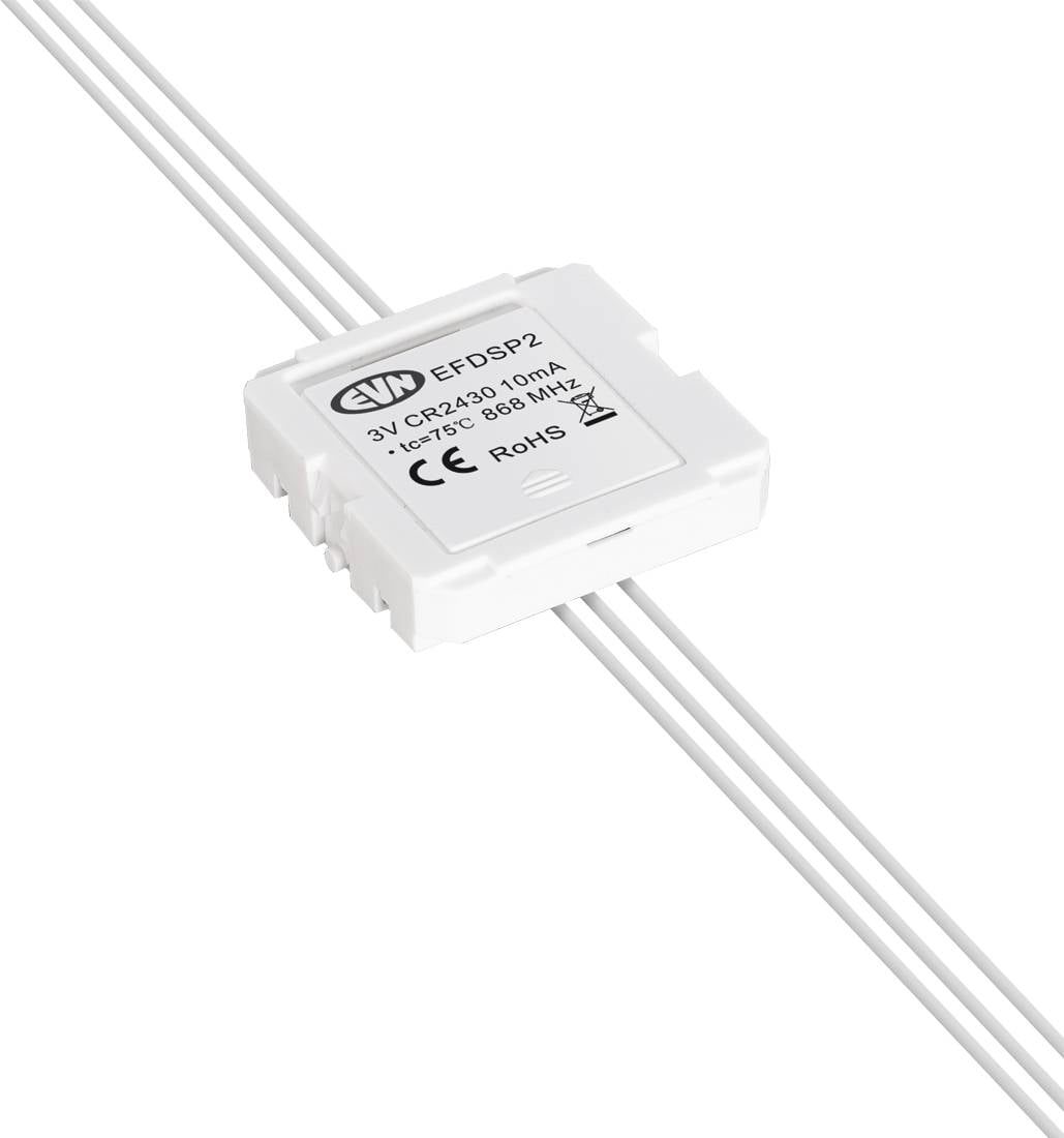 Bílý elektronický LED modul se dvěma páry drátů a vytištěným štítkem 'EFDSP2', '3V' a '868 MHz'.
