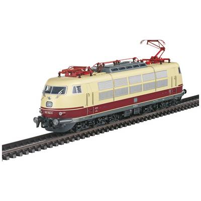 Béžovo-červená lokomotiva Deutsche Bahn na kolejích s detailními trakcemi a charakteristickým čelním pohledem.