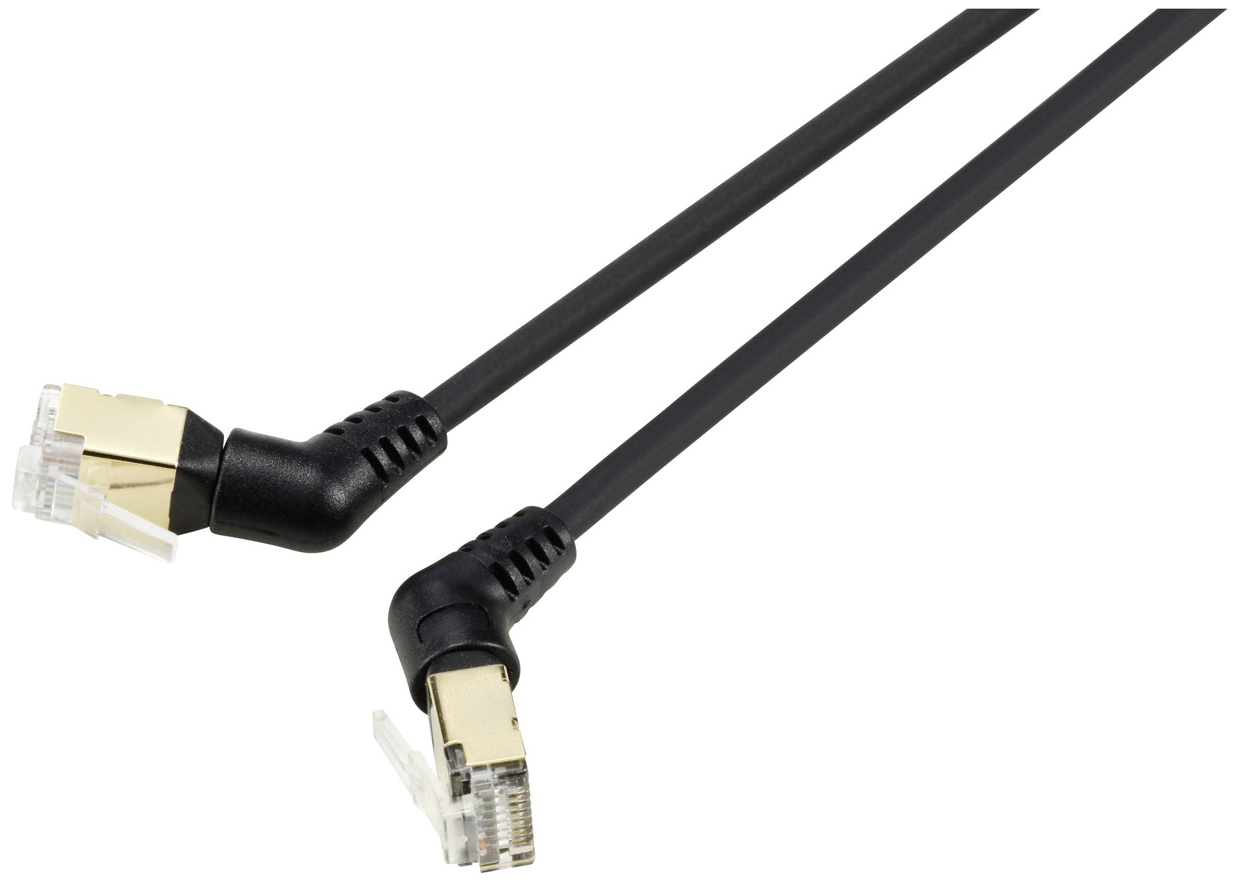 Černý síťový kabel s dvěma zahnutými zlatými konektory RJ45, určený pro přenos dat v počítačových sítích.