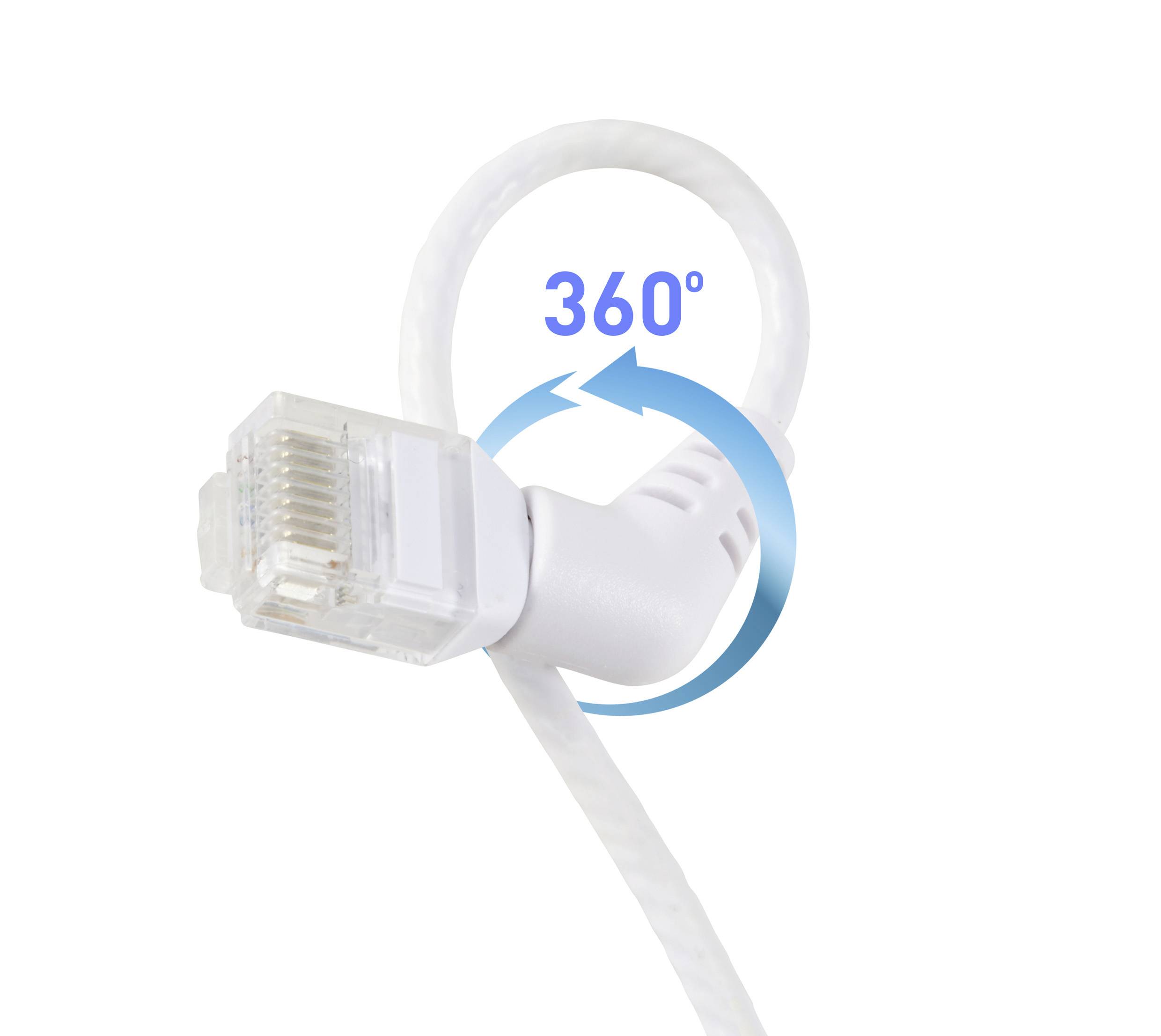 Síťový kabel s otočným konektorem. Text '360°' ukazuje rozsah otočení.