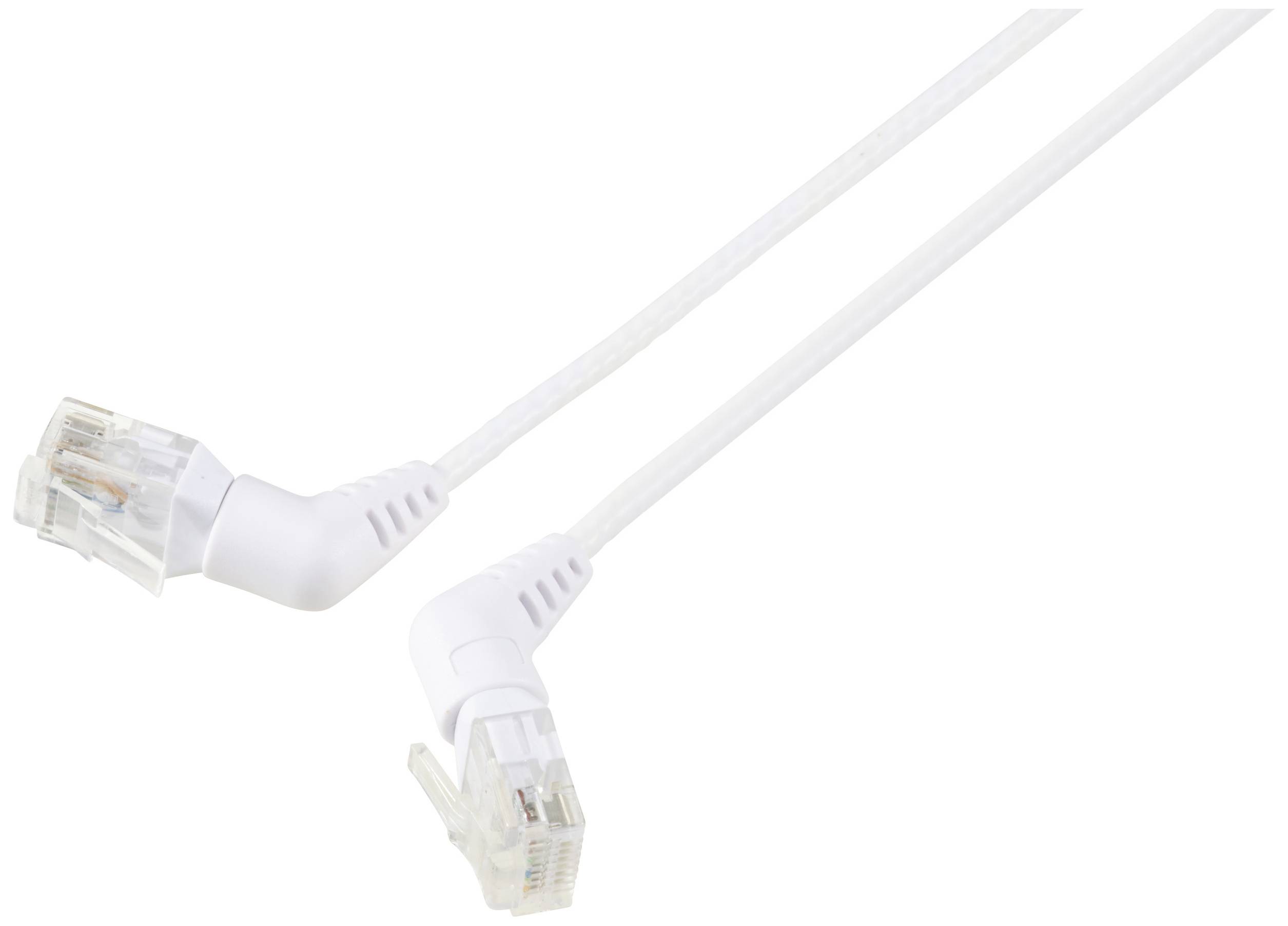 Bílý ethernetový kabel s lomenenými konektory RJ45 na obou koncích, určený pro propojení síťových zařízení.