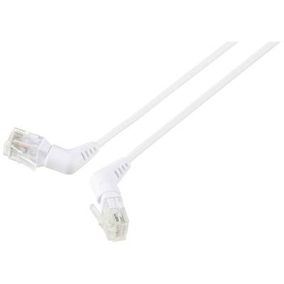Bílý ethernetový kabel s lomenenými konektory RJ45 na obou koncích, určený pro propojení síťových zařízení.
