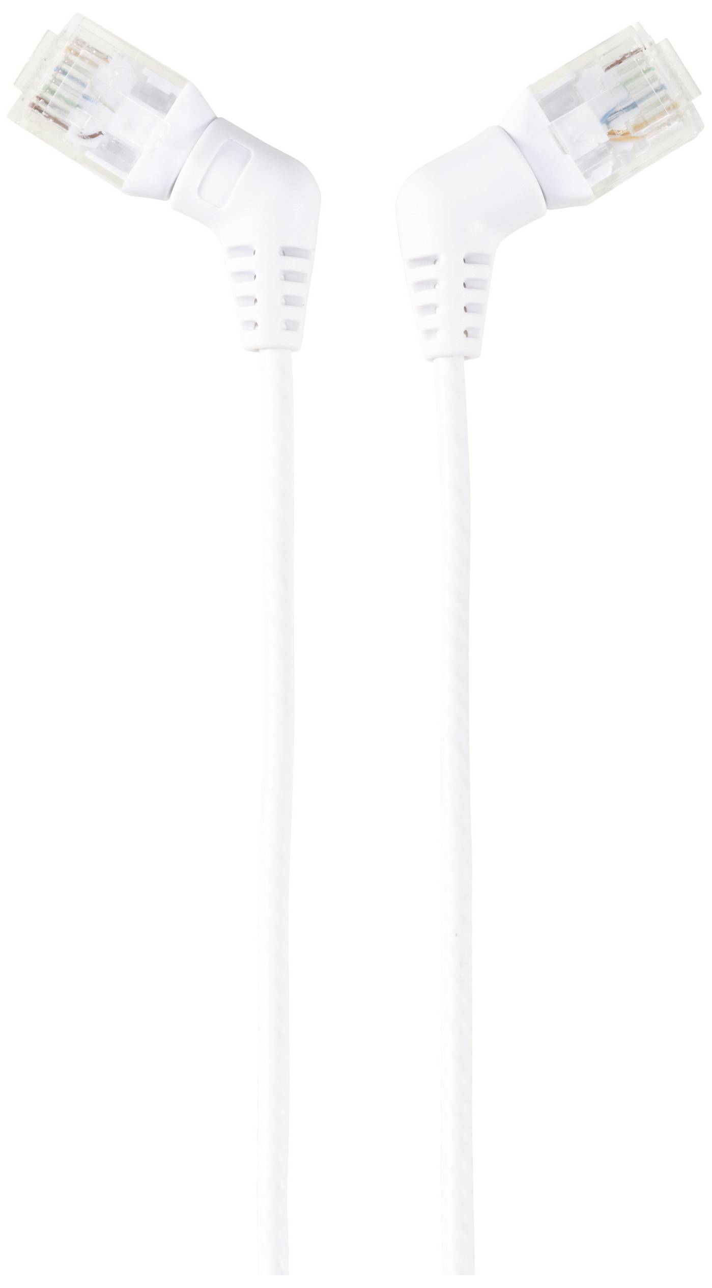 Dva bílé ethernetové kabely s lomených RJ45 konektory, vhodné pro úsporné instalace v síťových systémech.