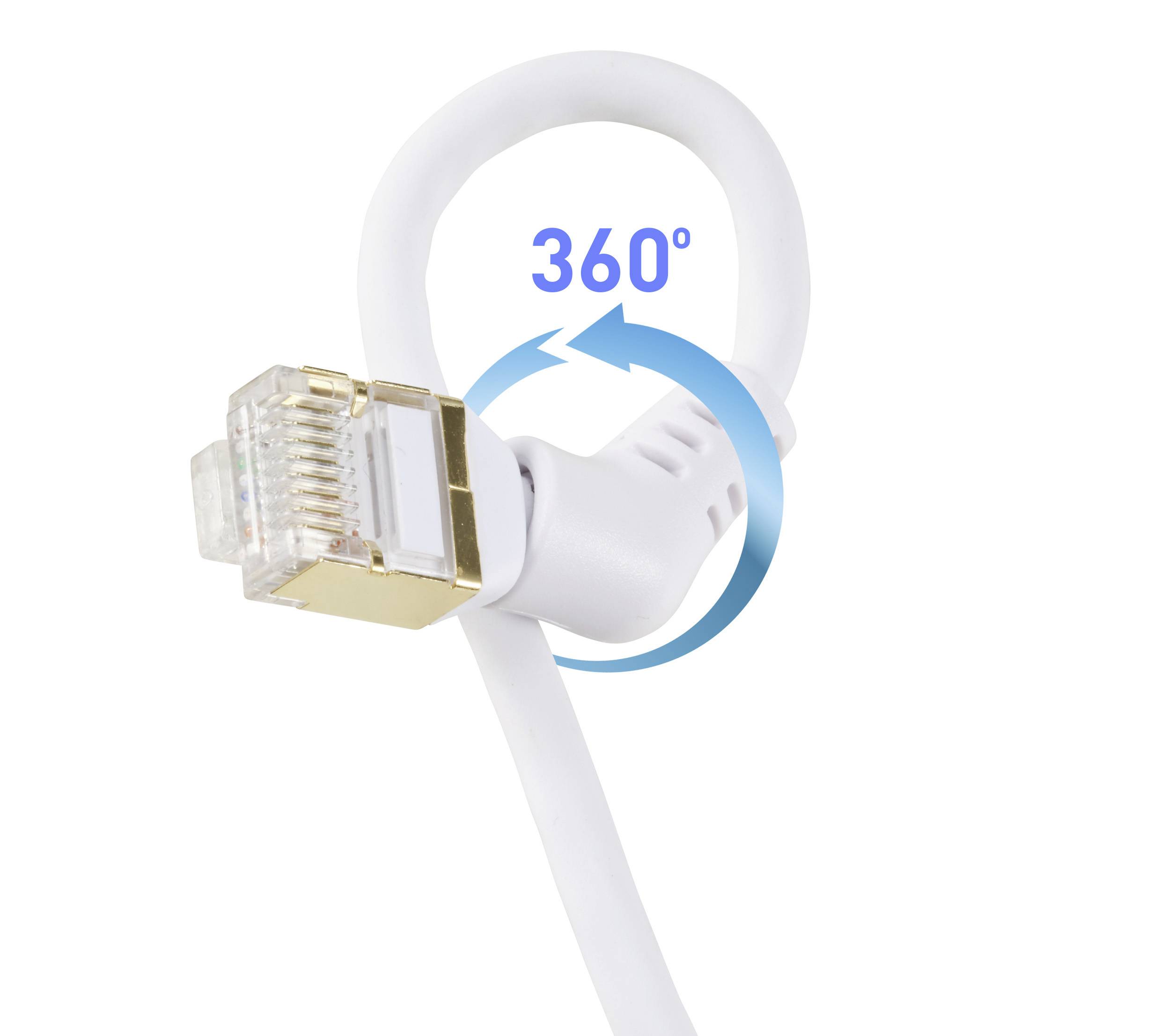Síťový kabel Ethernet s otočným konektorem umožňujícím úplnou 360stupňovou rotaci je zde zobrazen.