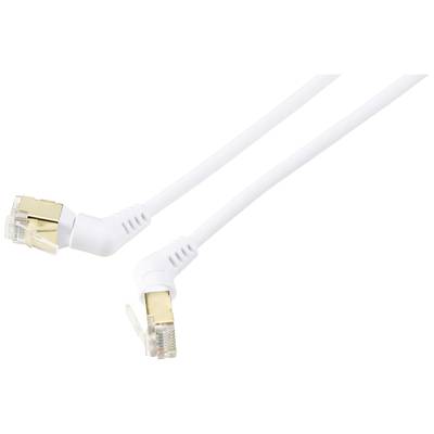 Dva bílé ethernetové kabely s 90stupňovými zahnutými konektory, vhodné pro síťová připojení.