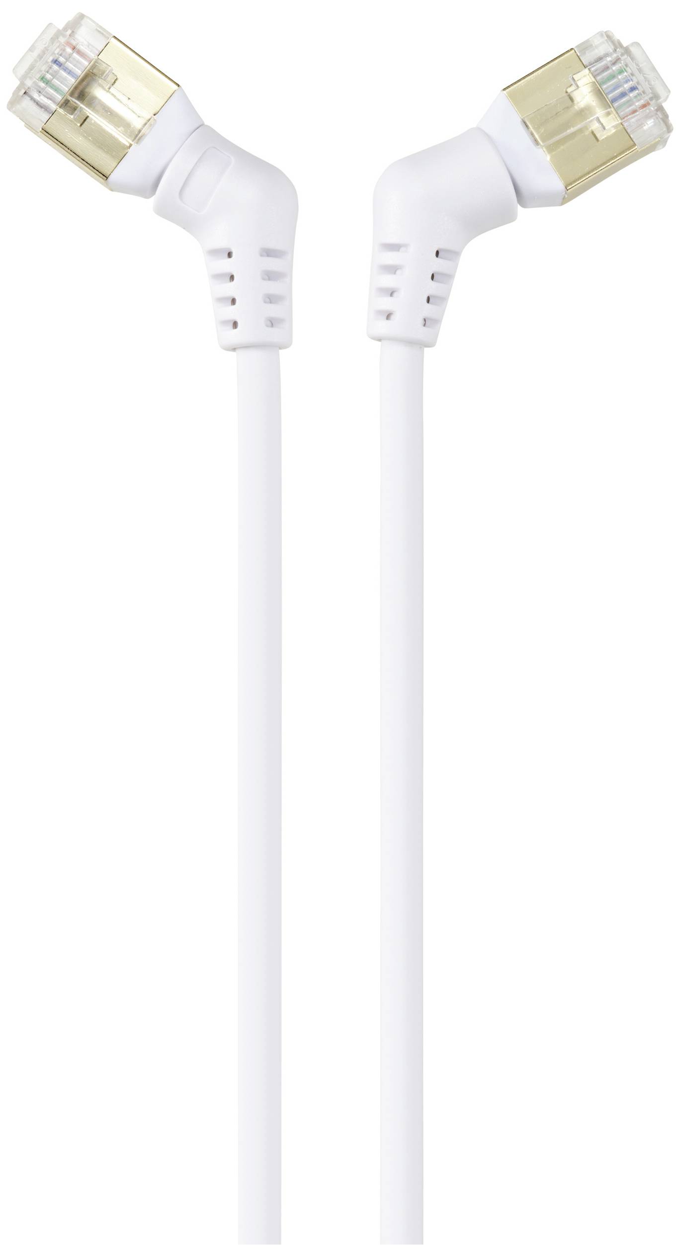 Dva bílé ethernetové kabely s ohnutými konektory RJ45, které zajišťují spolehlivé a efektivní síťové připojení.