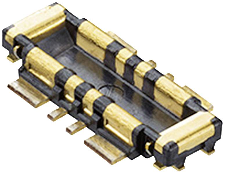 Malý, obdélníkový, pozlacený elektronický konektor s více kontaktními plochami.