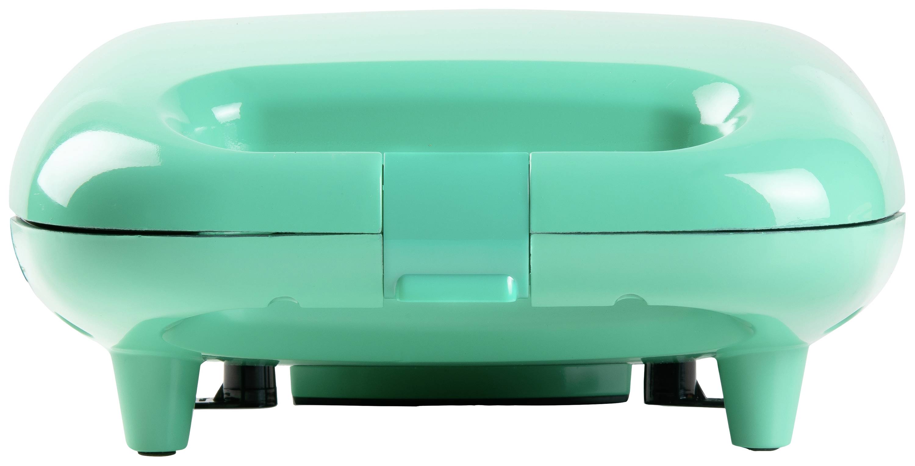 Zelený elektrický sendvičovač na bílém pozadí, pohled zepředu. Přístroj je zavřený a stojí na malých nožkách.