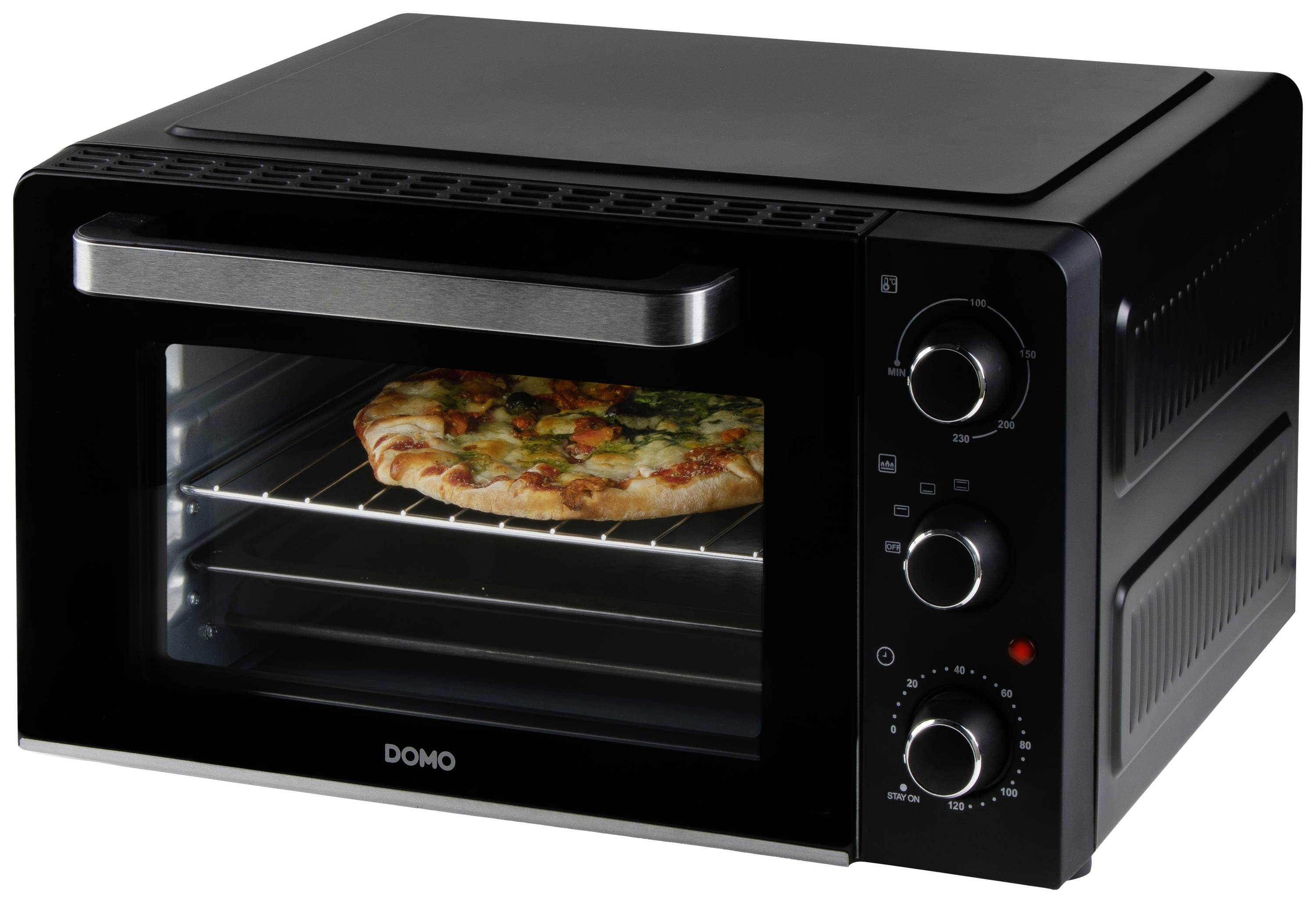 Černá stolní pec s pizzou uvnitř, která se peče na roštu. Pec má tři otočné knoflíky na pravé straně.