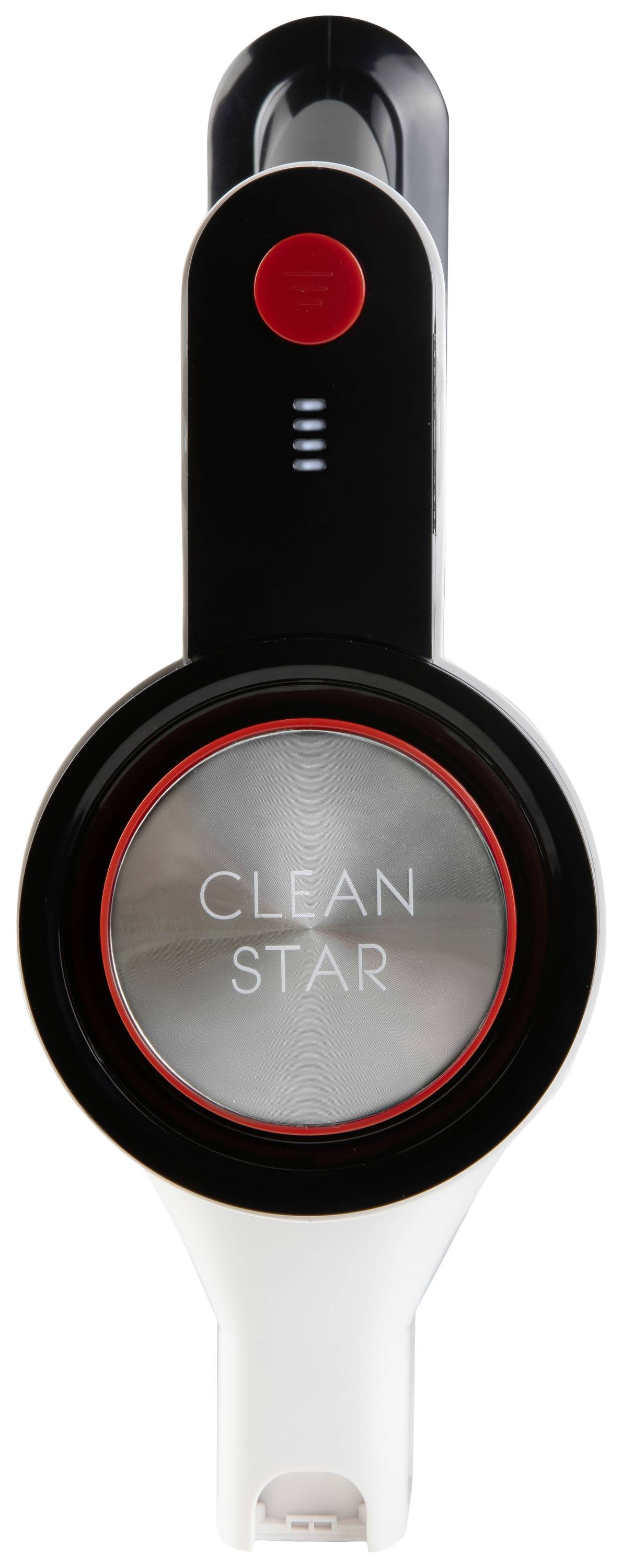 Přenosný ruční vysavač s nápisem 'Clean Star' na přední straně, černé tělo s červeným tlačítkem a LED indikátorem.