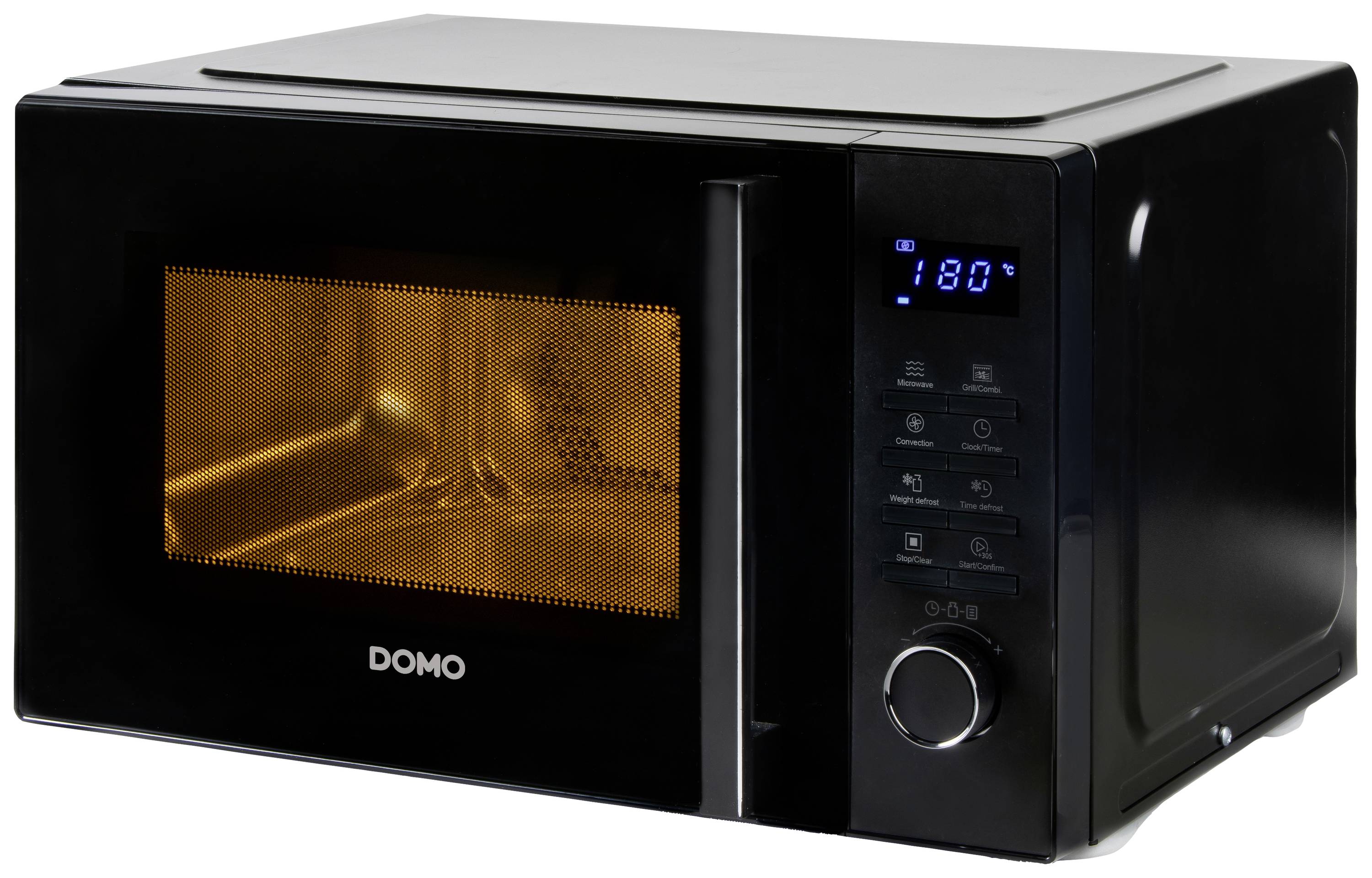 Mikrovlnná trouba s digitálním displejem ukazuje '180°C'. Černý design, dvířka s průhledovým okénkem, ovládací prvky vpravo vedle displeje.