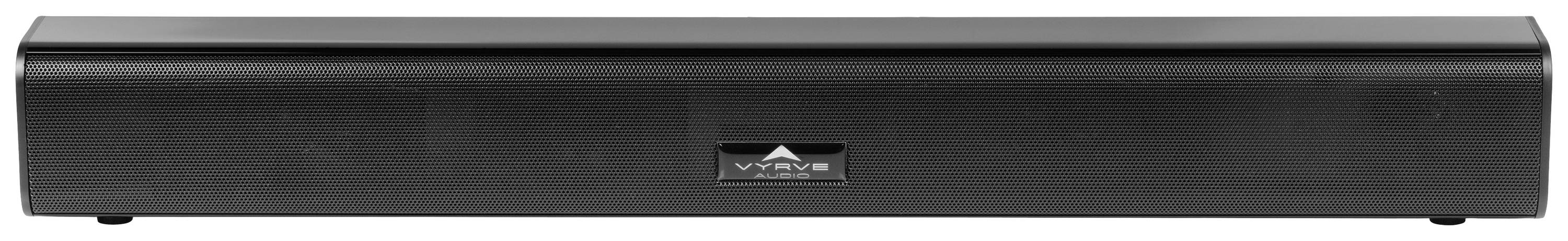Černý soundbar s logem uprostřed, obdélníkový tvar, vhodný pro domácí kino nebo audiotechniku.