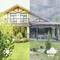 Obrázek zobrazuje dům rozdělený na slunnou stranu vlevo a deštivou stranu vpravo, symbolizované slunečními a mračnými symboly.
