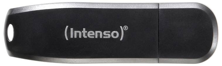 Černý USB flash disk značky Intenso, uzavřený a vhodný pro ukládání dat.