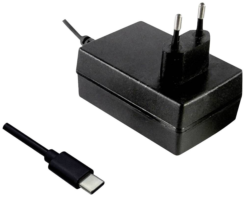 Černý napájecí adaptér s eurokonektorem a USB-C kabelem. Vhodný pro nabíjení zařízení s USB-C portem.