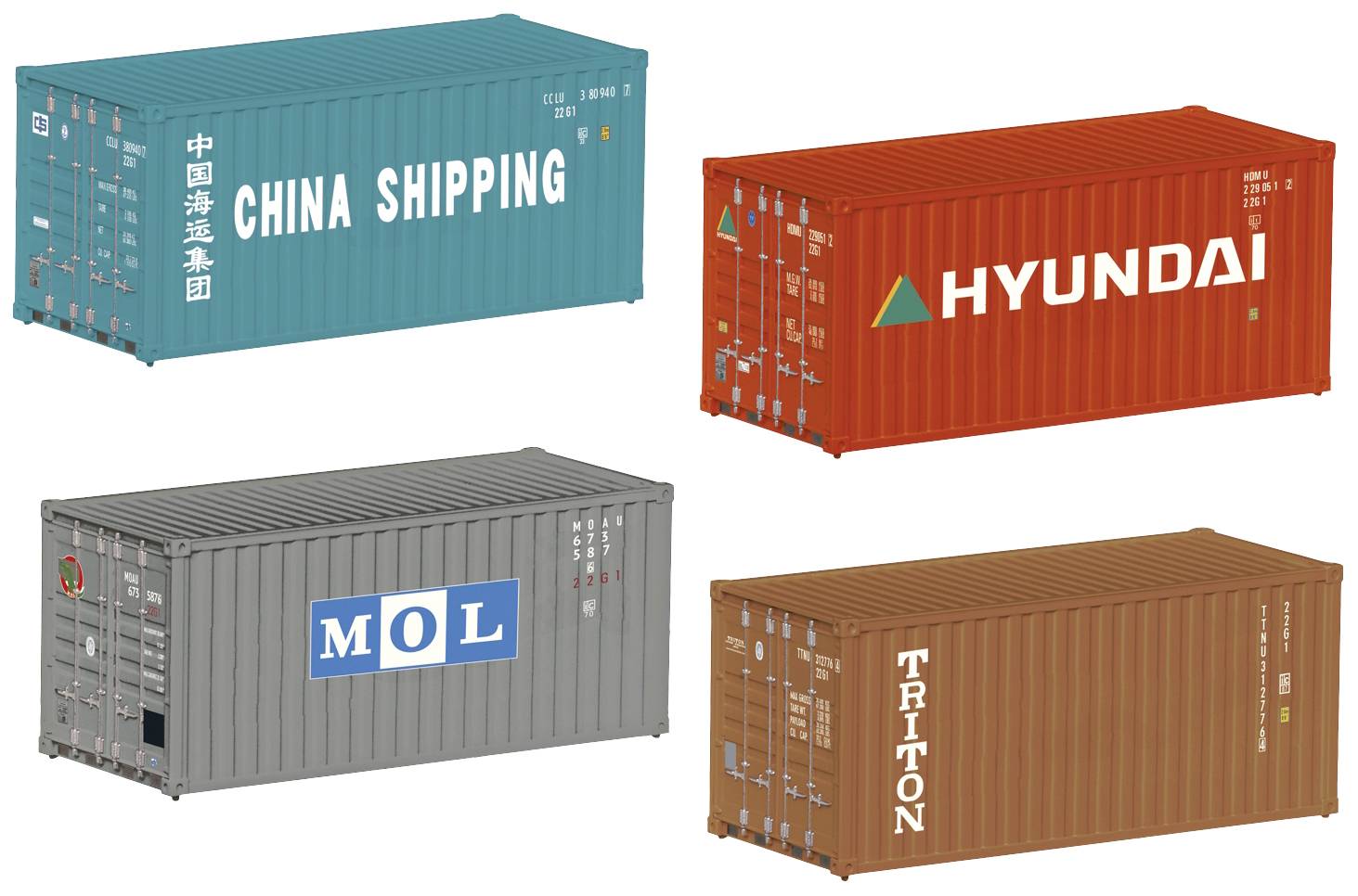 Čtyři nákladní kontejnery s nápisy: 'CHINA SHIPPING', 'HYUNDAI', 'MOL', 'TRITON'. Všechny kontejnery mají odlišné barvy.