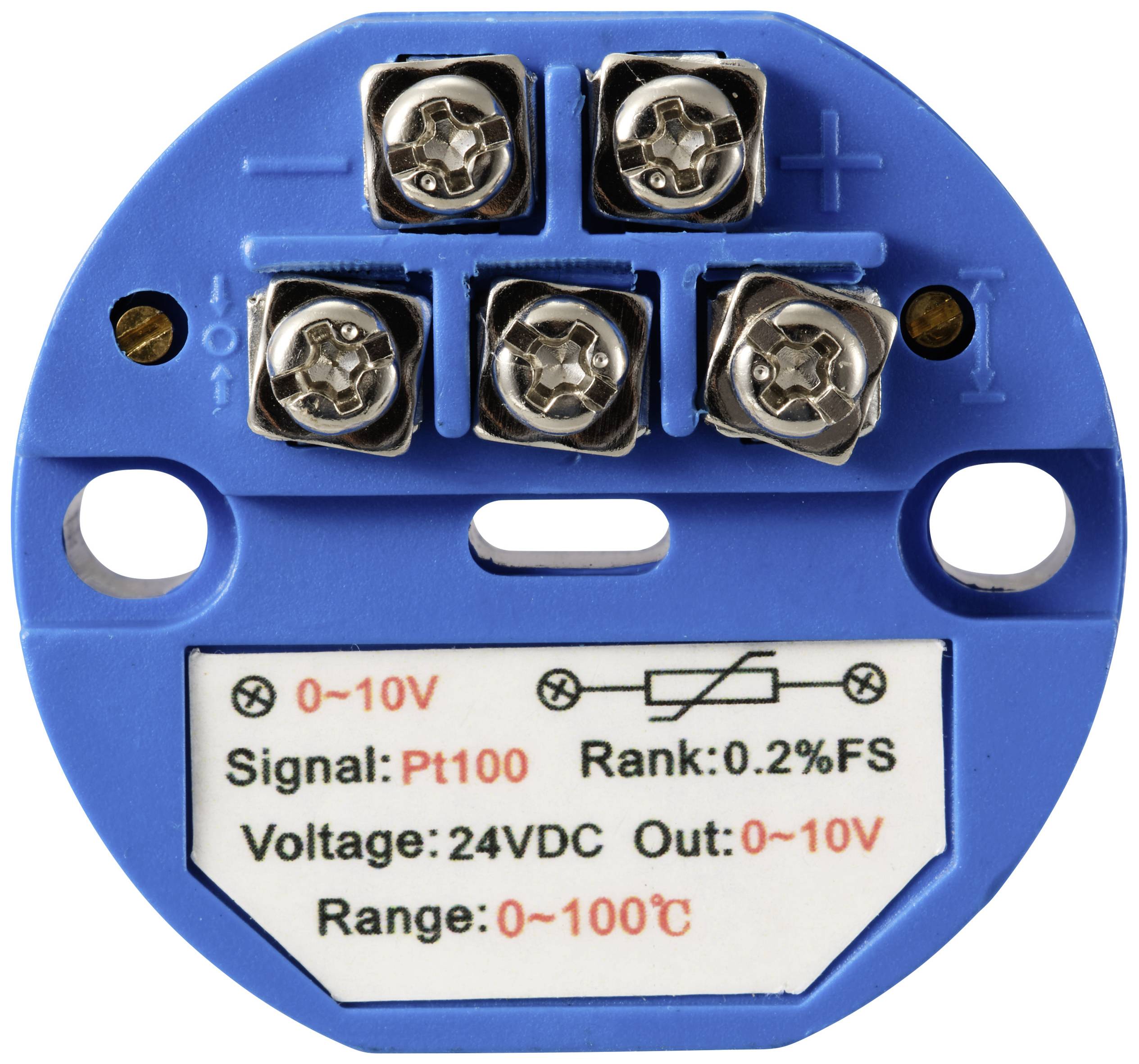 Modrý elektrický senzor s připojovacími svorkami pro '0-10V', 'Pt100' a indikaci napětí '24VDC'. Rozsah měření od 0 do 100°C.